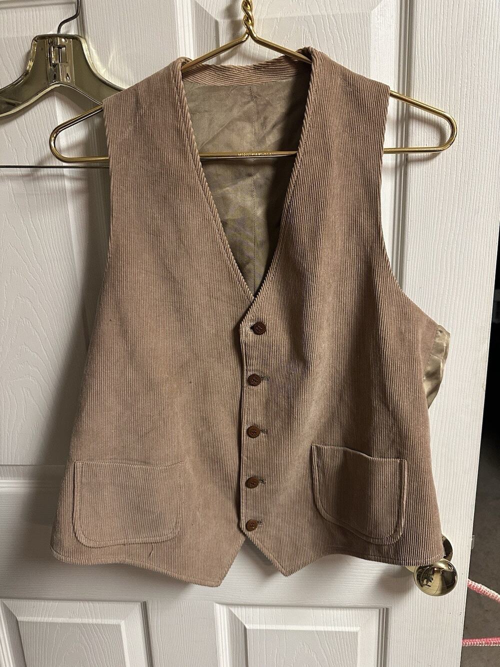 70s 80s Mens Tan Brown Corduroy Lined 2 Pocket 5 Button Waistcoat Vest Sz 44 Med